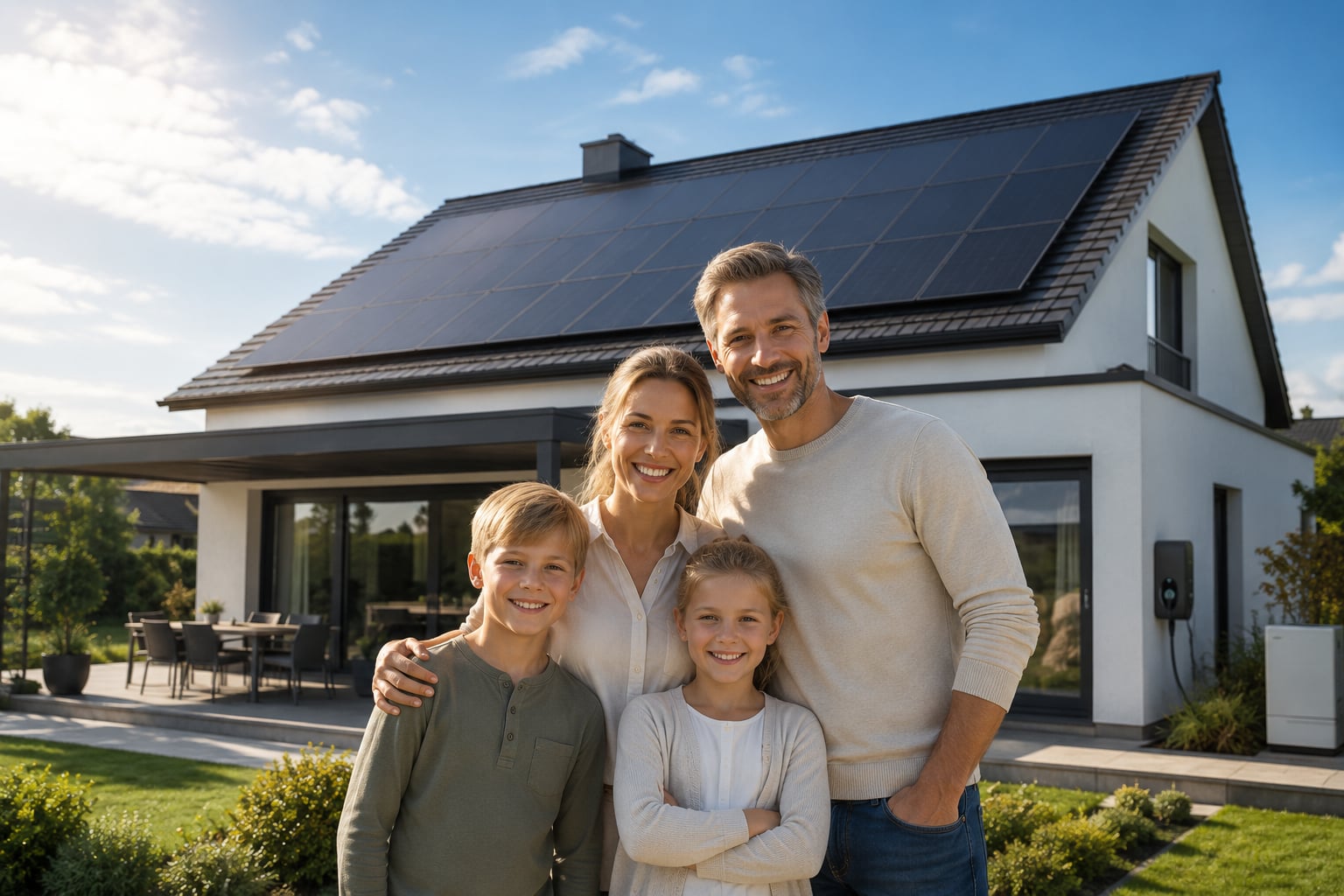 Familie vor ihrem Haus mit Photovoltaikanlage