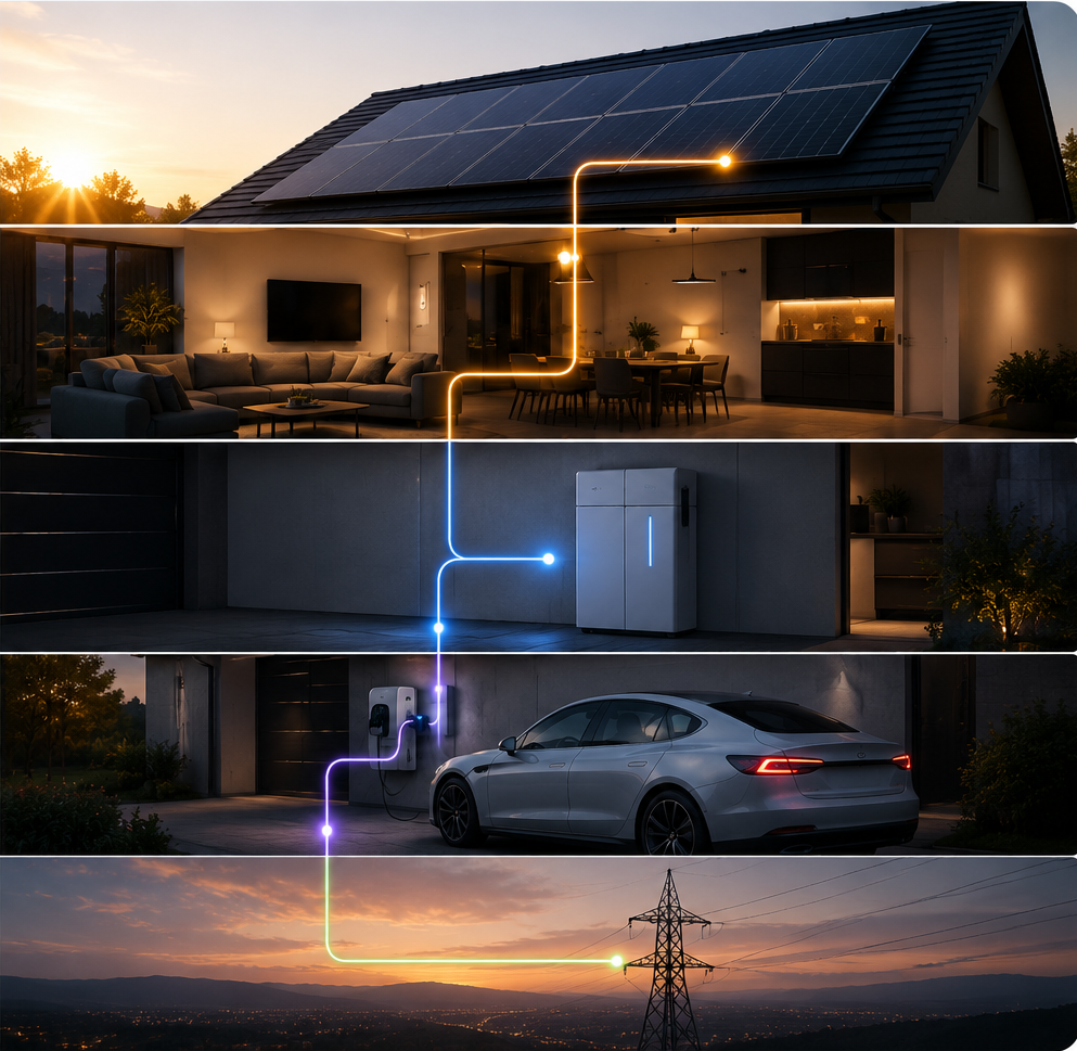 Illustration: Solarproduktion, Hausverbrauch, Batteriespeicher, Elektroauto und Stromnetz