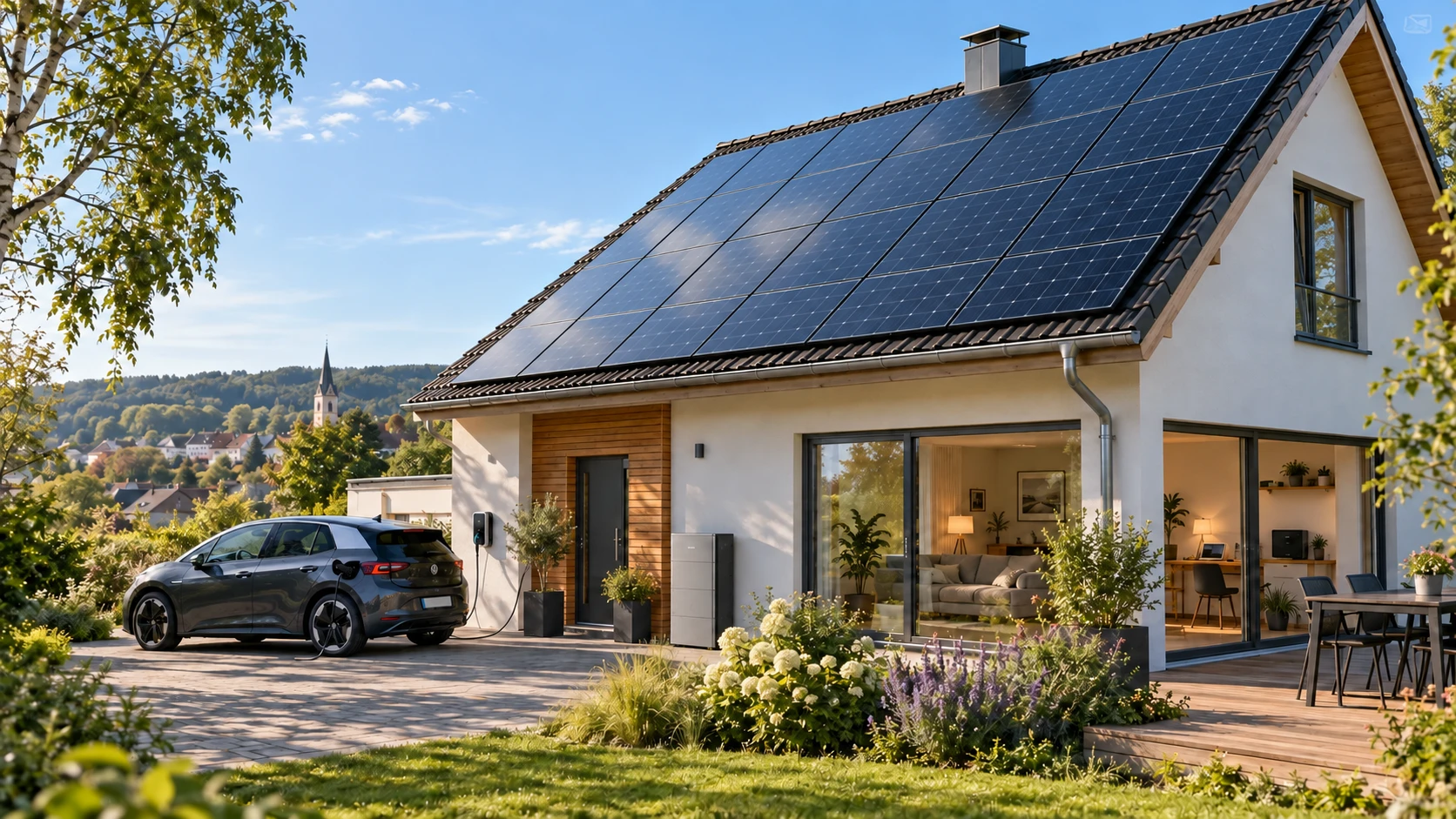 Familienhaus mit Photovoltaikmodulen mit dunklen Rahmen