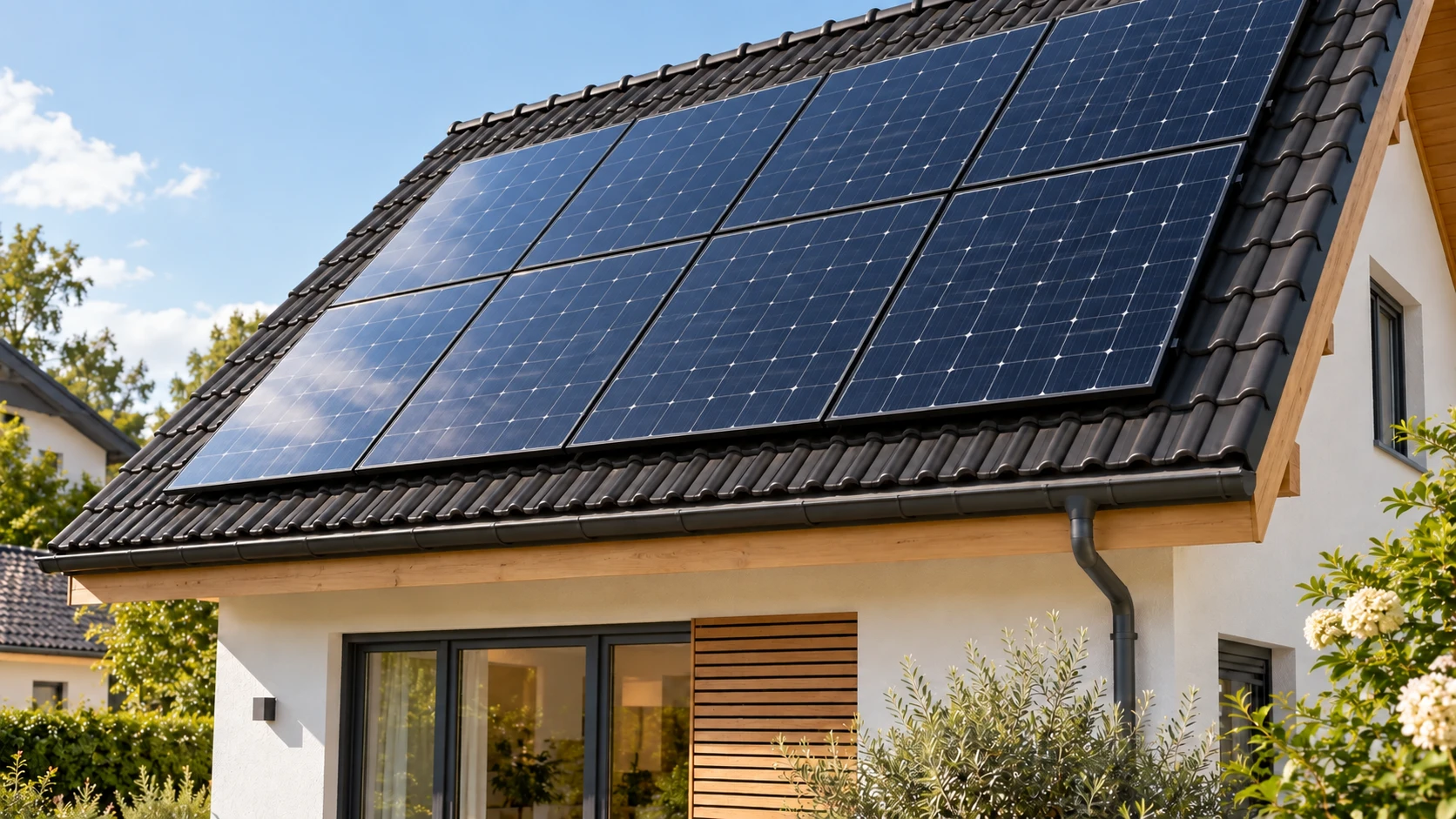 Familienhaus mit Photovoltaikmodulen mit dunklen Rahmen